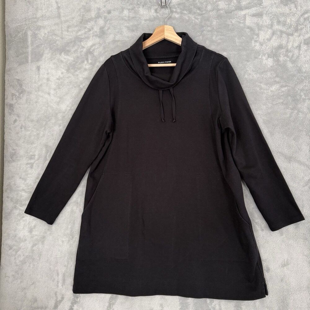 Eileen Fisher Women's Large Black 3/4 Sleeve Pullover Cowl Neck Sweatshirt USA
